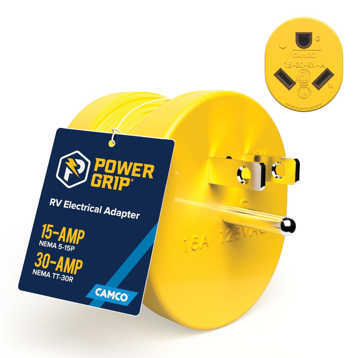 Camco PowerGrip - Adaptador para Autocaravana - Cuenta con una conexión Macho de 15 amperios (NEMA 5-15P) y Hembra de 30 amperios (NEMA TT-30R), Nominal para 125V/1875W (55223)