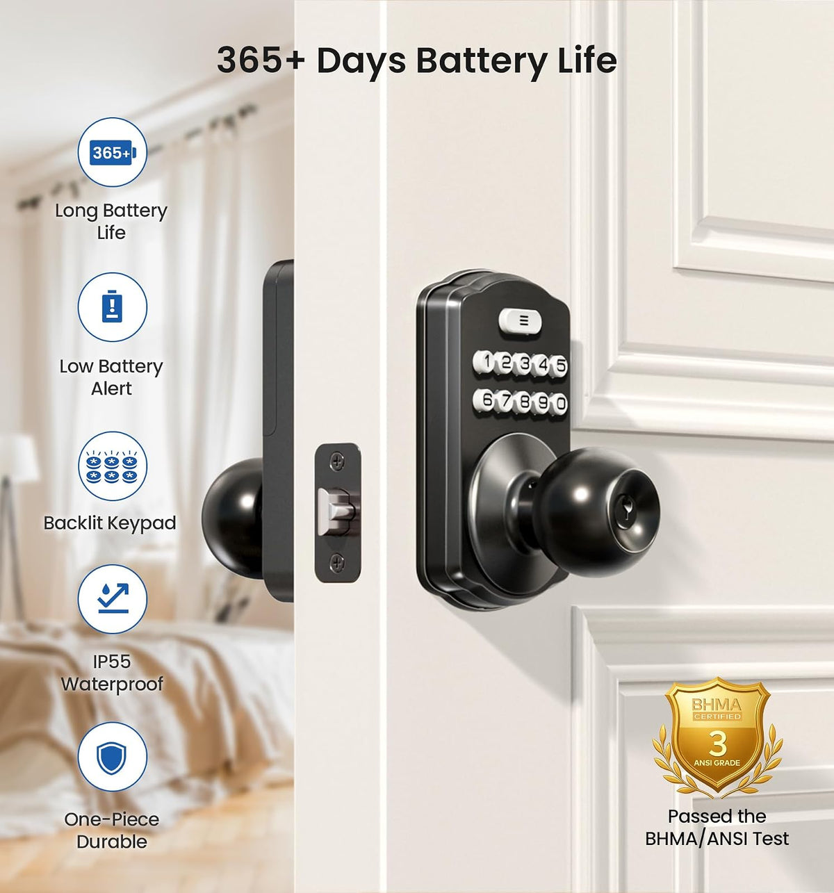 Veise - Cerradura de puerta con teclado, cerradura digital de entrada sin llave con asa, perilla electrónica para puerta delantera y recámara, fácil instalación, bloqueo automático, modo de paso