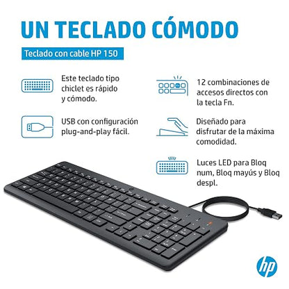 HP Teclado con Cable 150, USB, en Español, Windows/Mac OS, Negro (664R5AA)