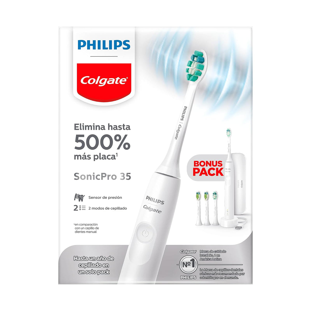 Philips Colgate Cepillo de Dientes Eléctrico SonicPro 35 Clean & Sensitive | Remueve 500% más placa 2 modos de cepillado