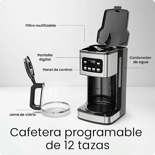Chefman Cafetera programable de 12 tazas, cafetera eléctrica, apagado automático, pantalla digital con función de preparación automática, olla antigoteo, filtro reutilizable para molidos frescos