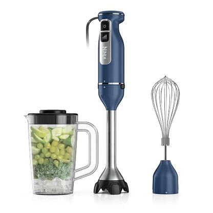 Licuadora y batidor de inmersión ninja con barra de mano, 4 velocidades, con SplatterShield y PanProtect, recipiente de mezcla de 4 tazas, apto para lavaplatos, cable de 5 pies, ergonómico, azul