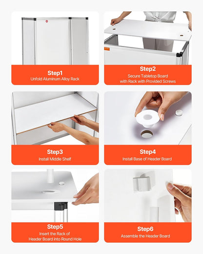 VEVOR Mesa de promoción para mostrador, Mesa de podio portátil, 31 x 15 x 71 Pulgadas, Soporte de exhibición para mostrador de exposiciones con Pared, podio desplegable con Estante de