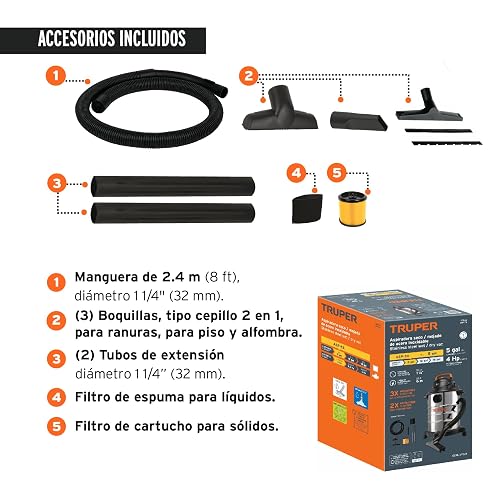 Truper ASP-5X Aspiradora de sólidos y líquidos de 5 GAL en Acero INOX