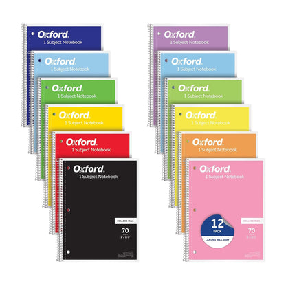 Oxford - Cuadernos en espiral, paquete de 12 unidades, 1 tema, cuadernos a rayas universitarias para la escuela, 8 x 10.5 pulgadas, 70 hojas, colores surtidos, suministros para el regreso a la escuela