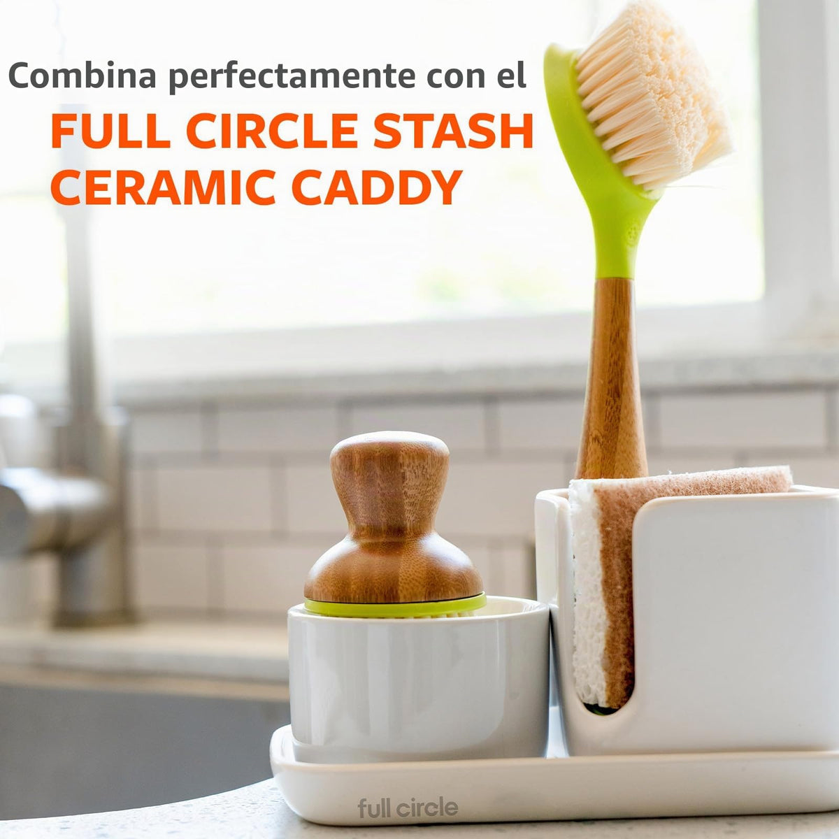 Full Circle Bubble Up ceramic soap dispenser & dish brush set, White