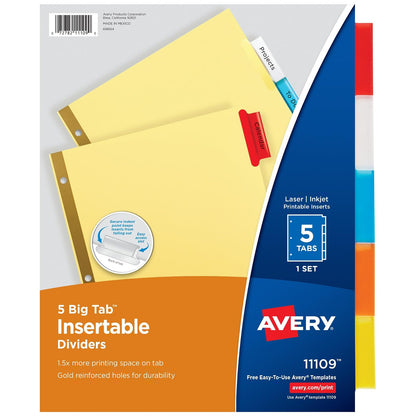 Avery (R) Worksaver(R) - Separadores reciclados insertables, con refuerzo dorado, 5 pestañas, papel pulido, multicolor - Paquete de 1 - 8-1 - 2 x 11 in