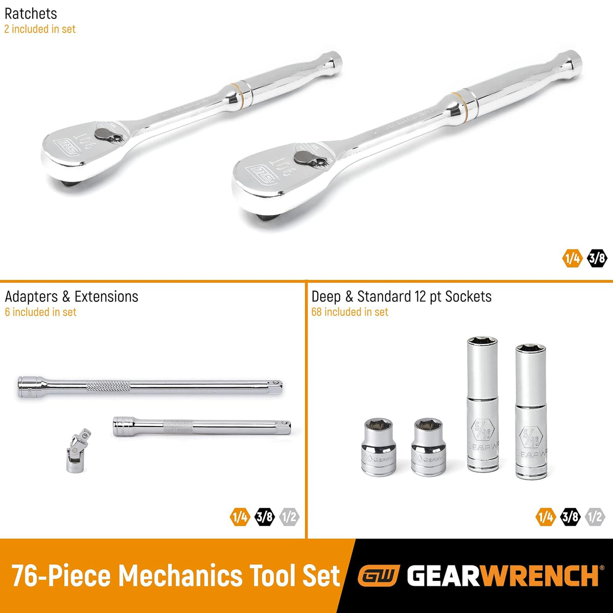 GEARWRENCH Llave de engranaje 76 unidades Unidad de 1/4'' y 3/8'' 12 Pt. Juego de herramientas de mecánica estándar y profunda, SAE/métrico - 80948