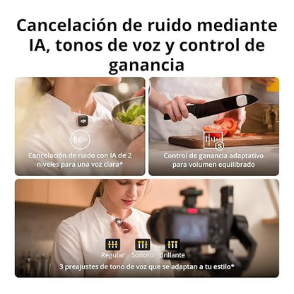 DJI Mic Mini 2S (1 TX + 1 RX), cancelación de Ruido con IA | Micrófono inalámbrico, almac. interno 28 h, grabación interna flotante de 32 bits, conexión OsmoAudio, amplia compatibilidad