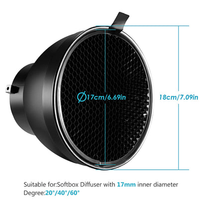 NEEWER Reflector Estándar 7 Pulgadas/18 Centímetros Difusor Suave con Rejilla en Forma Panal 20/40/60 Grados para Luz Estroboscópica Flash de Estudio de Bowens Montura Monoluz