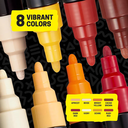 Uni Posca - Juego de marcadores de pintura acrílica de tonos cálidos, 8 unidades, secado rápido, no tóxico, certificado ACMI