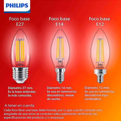 Philips LED Vela luz cálida 4.5W = 40W base E27 3pack