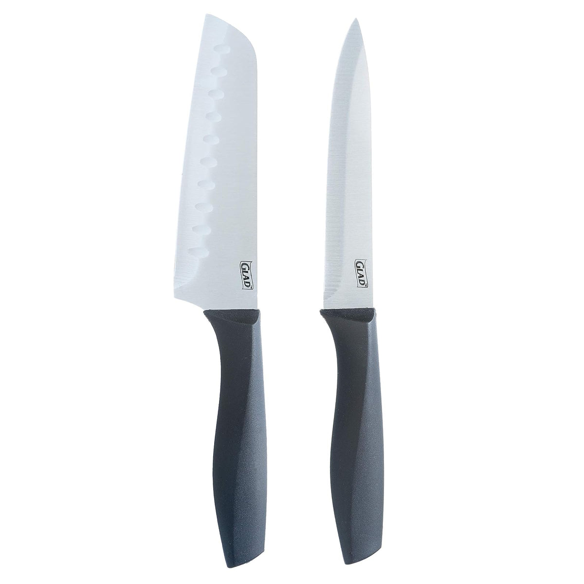 Glad - Juego de cuchillos con tabla de cortar, 5 piezas, cuchillos santoku afilados y utilitarios con cubiertas de hoja y bloque de plástico para picar | Accesorios de cocina color gris