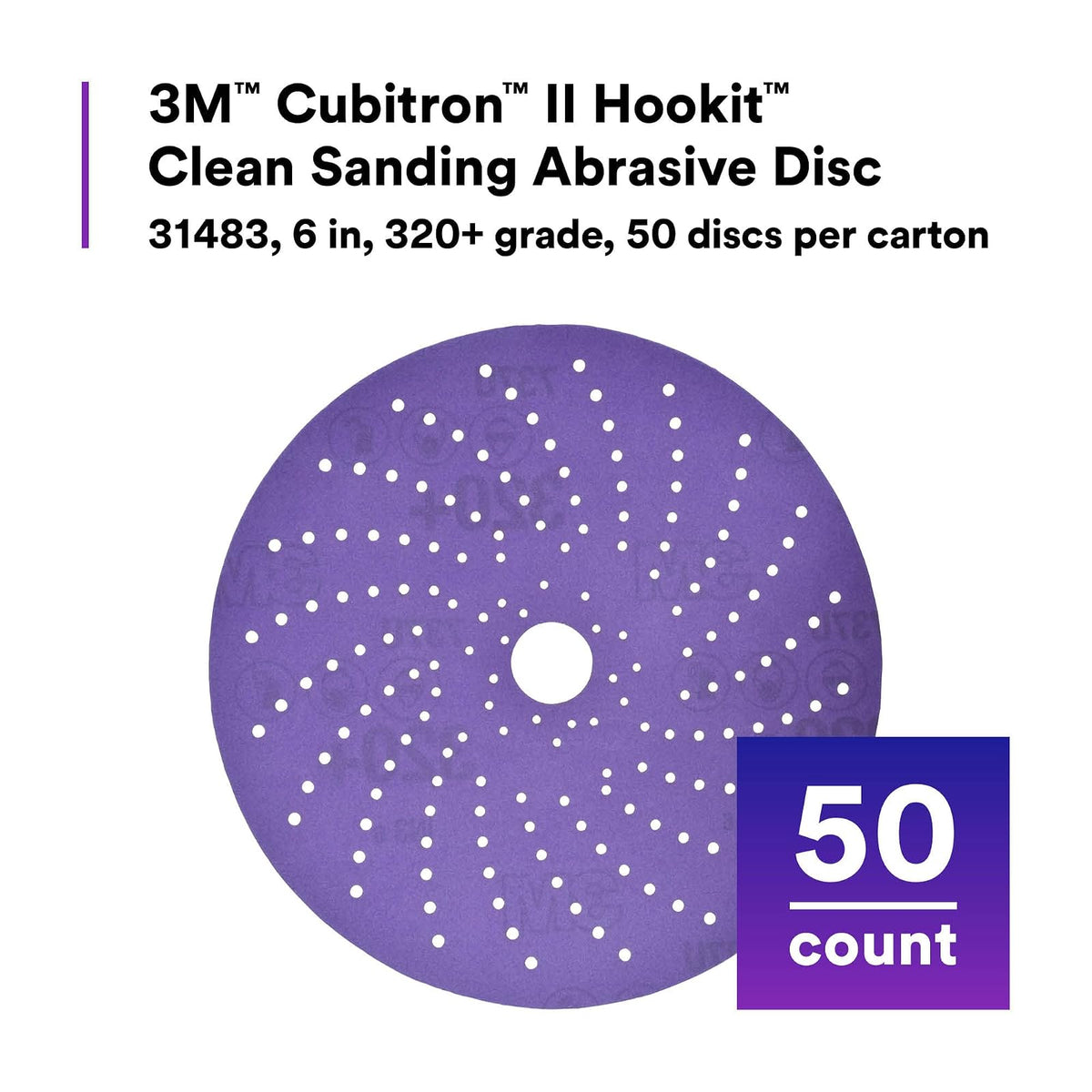3M 31484 Cubitron II Hookit Disco Abrasivo de Lijado Limpio 6 Pulgadas Grado 400+ Alto Rendimiento Larga Duración Paquete de 50, Púrpura