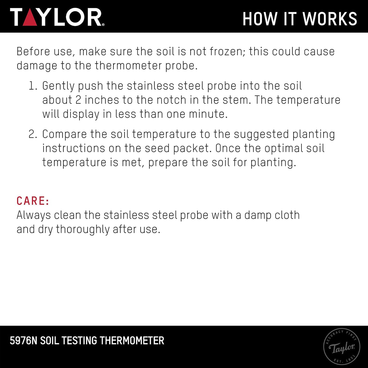 Taylor Termómetro de Piso, Herramienta de Jardinería para Cuidado de Plantas, Césped, Granja, Uso al Aire Libre, Tallo de 4 Pulgadas