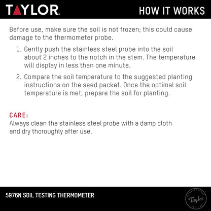Taylor Termómetro de Piso, Herramienta de Jardinería para Cuidado de Plantas, Césped, Granja, Uso al Aire Libre, Tallo de 4 Pulgadas