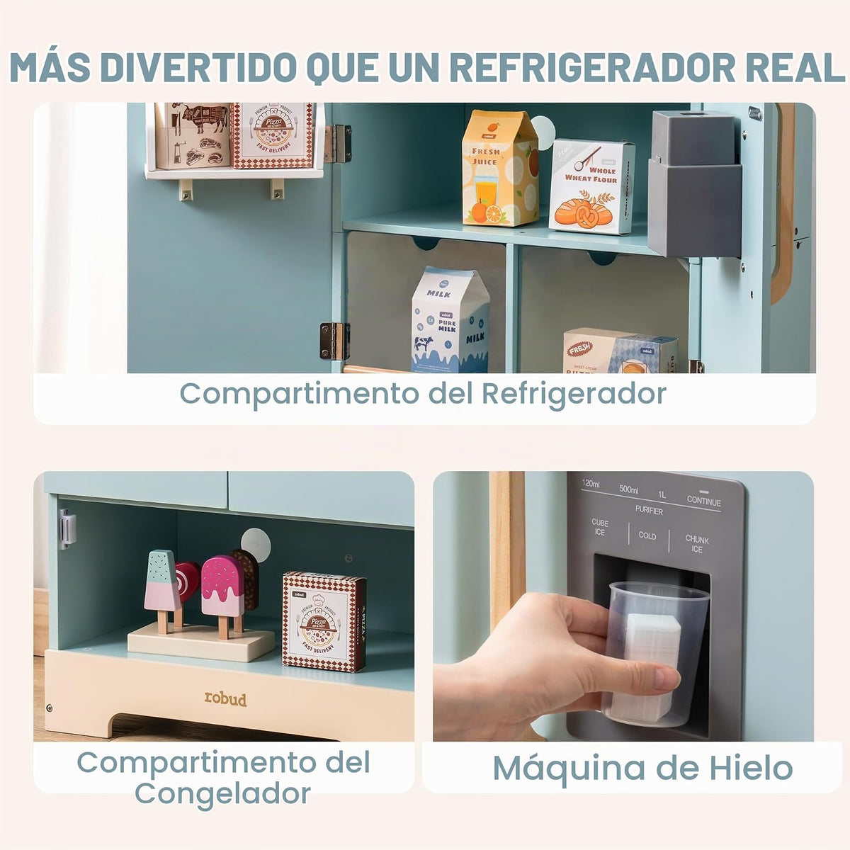 ROBUD Frigorífico de Madera - Realista e Interactivo con máquina de Hielo y Juguetes alimenticios - Adecuado para niños a Partir de 3 años