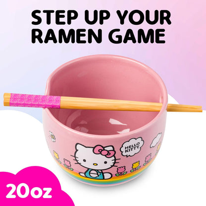 Silver Buffalo Hello Kitty Tazón de Arroz con Palillos | Rayas Arco Iris, Diseño de Flores, 20 oz