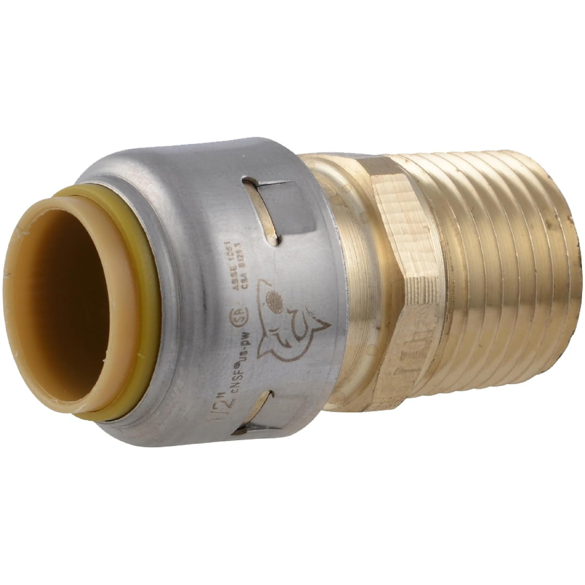 SharkBite - Adaptador Macho de Latón de 1/2 Pulgadas, Ajuste de Fontanería de Latón a Presión para Conectar, Tubería PEX, Cobre, CPVC, PE-RT, HDPE, UR120A