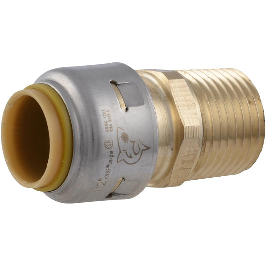 SharkBite - Adaptador Macho de Latón de 1/2 Pulgadas, Ajuste de Fontanería de Latón a Presión para Conectar, Tubería PEX, Cobre, CPVC, PE-RT, HDPE, UR120A