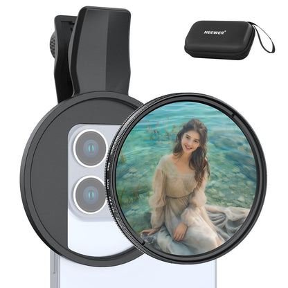 NEEWER 2 en 1 67mm Clip On CPL & Filtro Difusor Negro 1/4 Compatible con iPhone 16, 15, Pro MAX Plus, 16e, 14, 13, Mini y 12, Kit Accesorios Fotografía Lentes Cámara Polarizadoras Circulares, FL-B35.