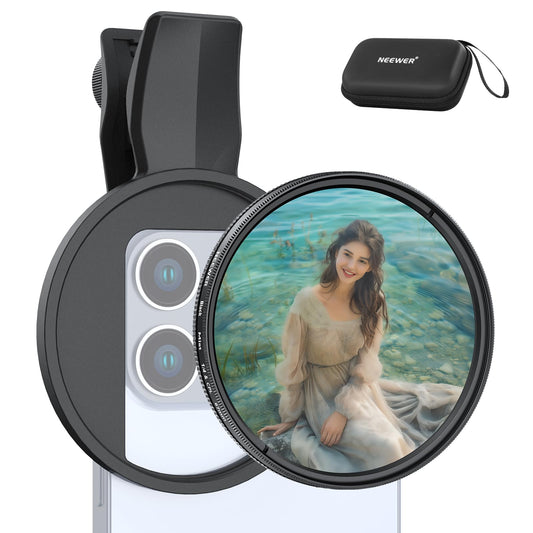 NEEWER 2 en 1 67mm Clip On CPL & Filtro Difusor Negro 1/4 Compatible con iPhone 16, 15, Pro MAX Plus, 16e, 14, 13, Mini y 12, Kit Accesorios Fotografía Lentes Cámara Polarizadoras Circulares, FL-B35.