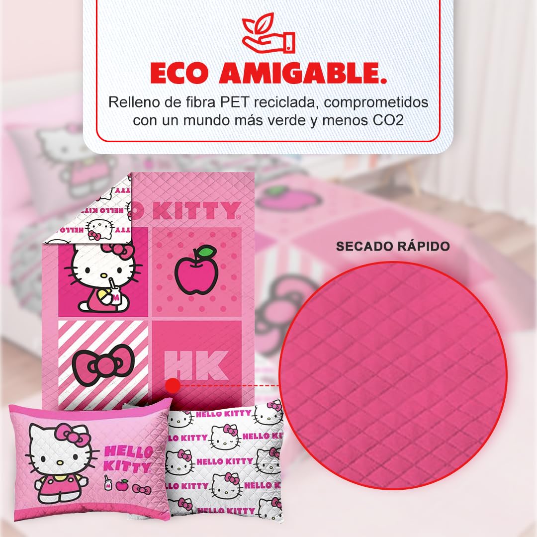 Providencia Edrecolcha Matrimonial 1.90 x 2.25 m con 2 Fundas para Almohada 70 x 50 cm. Hello Kitty. Mezcla Ideal Entre edredón y Colcha. Súper Suave, sin Calor. Lava fácil. Poliéster