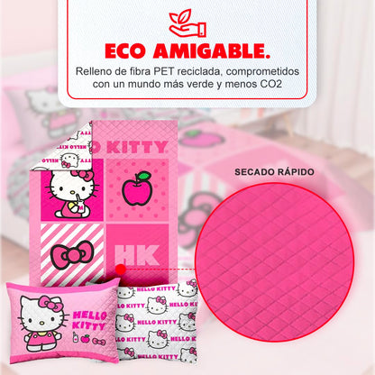 Providencia Edrecolcha Matrimonial 1.90 x 2.25 m con 2 Fundas para Almohada 70 x 50 cm. Hello Kitty. Mezcla Ideal Entre edredón y Colcha. Súper Suave, sin Calor. Lava fácil. Poliéster