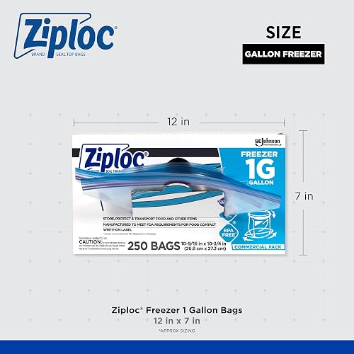 Ziploc Bolsas de congelador profesionales, para organización y almacenamiento de alimentos, doble cremallera, galón, 250 unidades