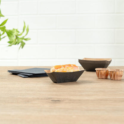 Restaurantware Disposable Paper Food Tray, Black with Kraft Brown Interior, 2"