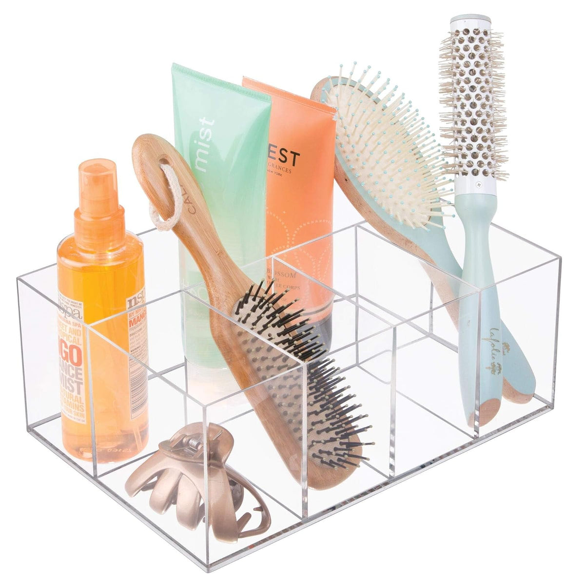 InterDesign Cabinet to Hold Makeup Beauty Products Hair Accessories – 5 Compartments, Clear Clarity Cosmetic & Vanity Organizer, 5 Section, White