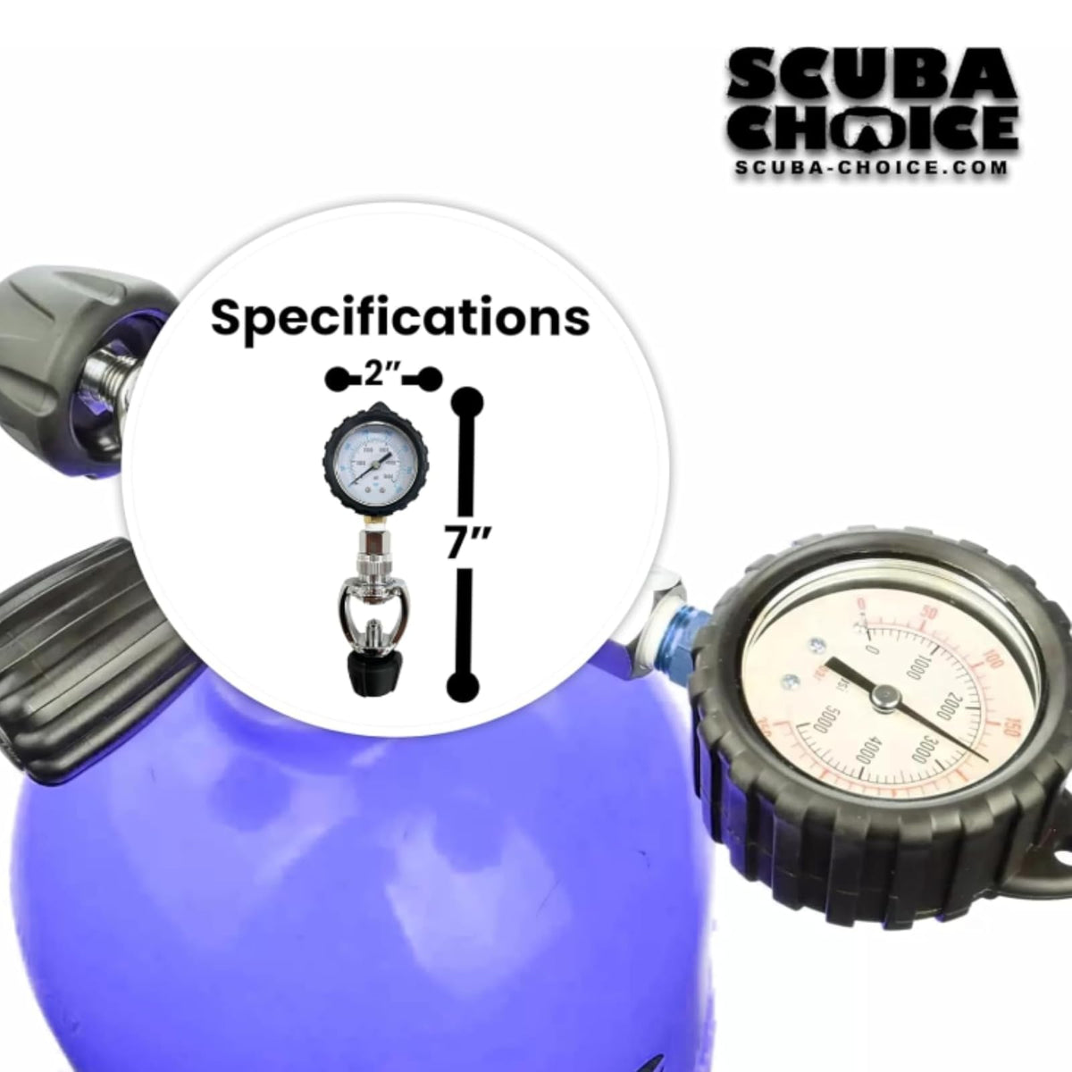 Scuba Choice - Comprobador de presión de tanque de yugo de buceo 5000 PSI 350 BAR - Medidor de presión preciso para tanques de válvulas de yugo 7 pulgadas de largo 2-1/4 pulgadas de ancho - Fabricado