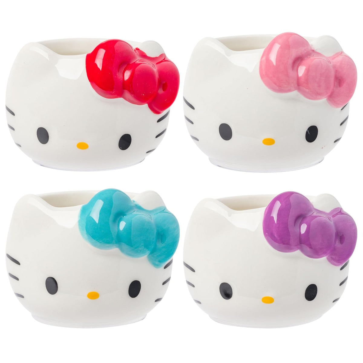 Silver Buffalo Sanrio Hello Kitty - Juego de 4 lazos de cerámica esculpida 3D con diseño de Hello Kitty (4 unidades), perfecto como juego de azúcar, crema o leche, 3.5 onzas