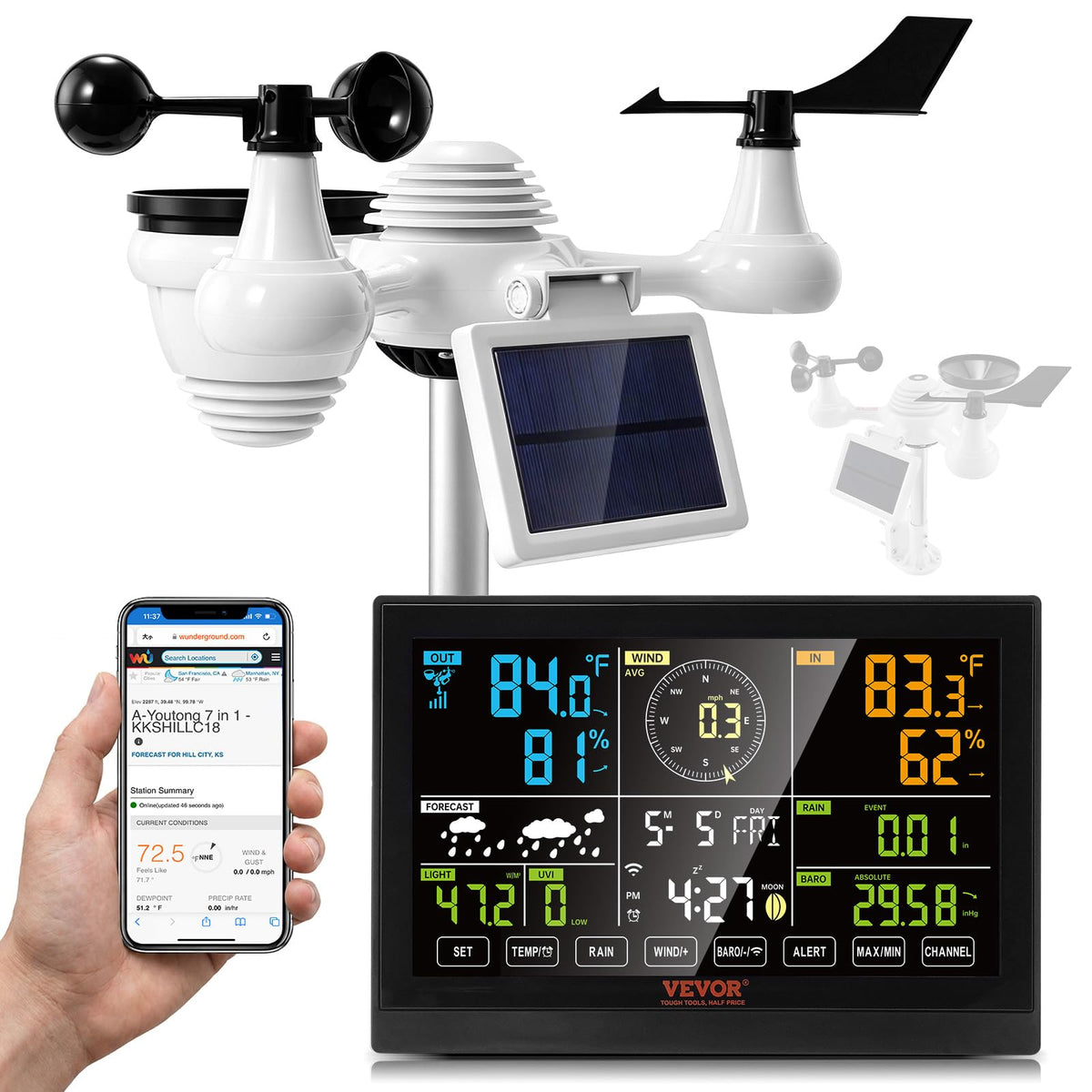 VEVOR YT60234 - Estación meteorológica WiFi 7 en 1, estaciones meteorológicas WiFi para interiores y exteriores, visualización a color de 7.5 pulgadas para pronósticos meteorológicos, temperatura,