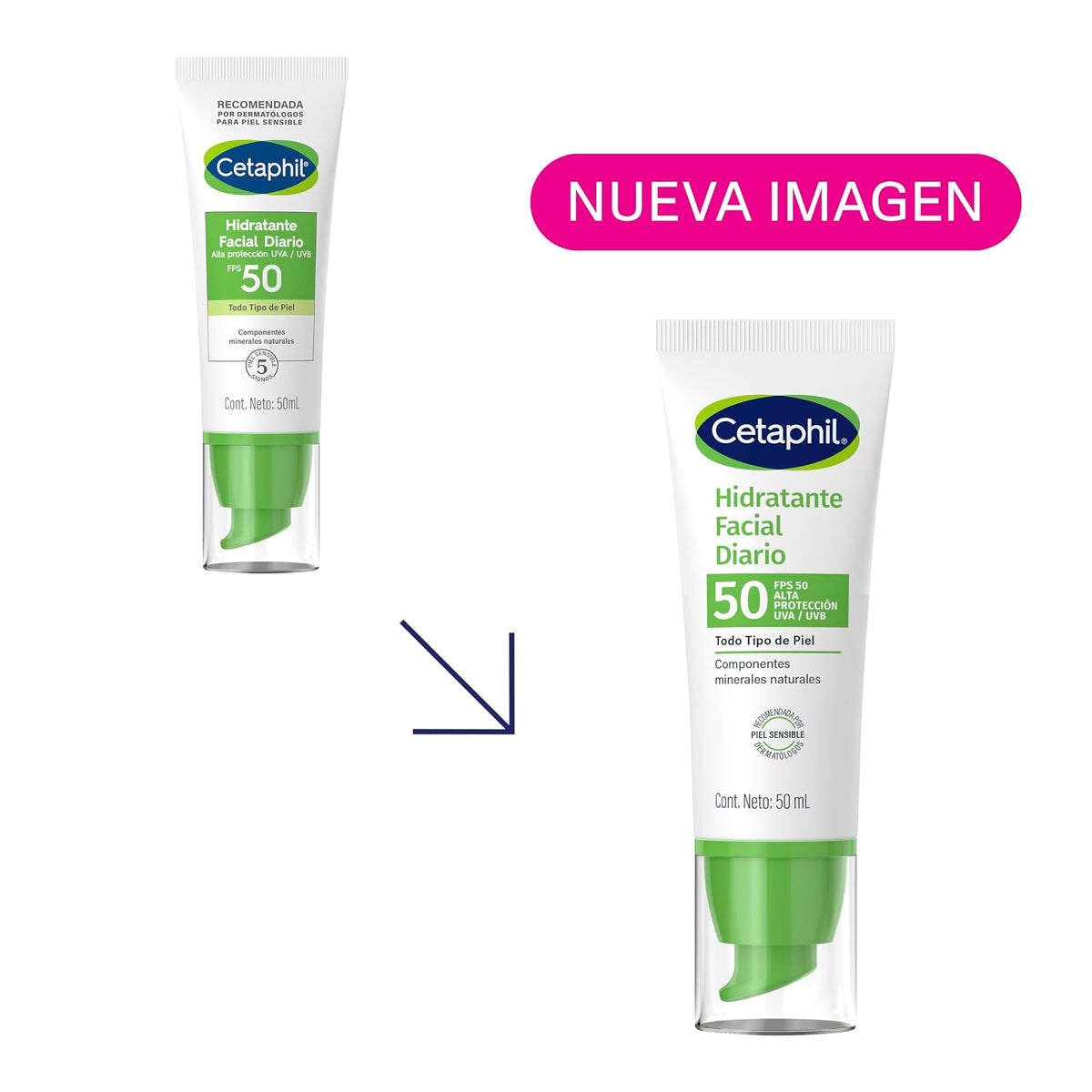 Cetaphil Hidratante Facial Diario FPS 50 Piel Sensible Mixta Grasa 50 ml | Hidrata hasta 8 h, protege contra rayos UVA/UVB y ayuda a prevenir daño por radicales libres con vitamina E y glicerina.