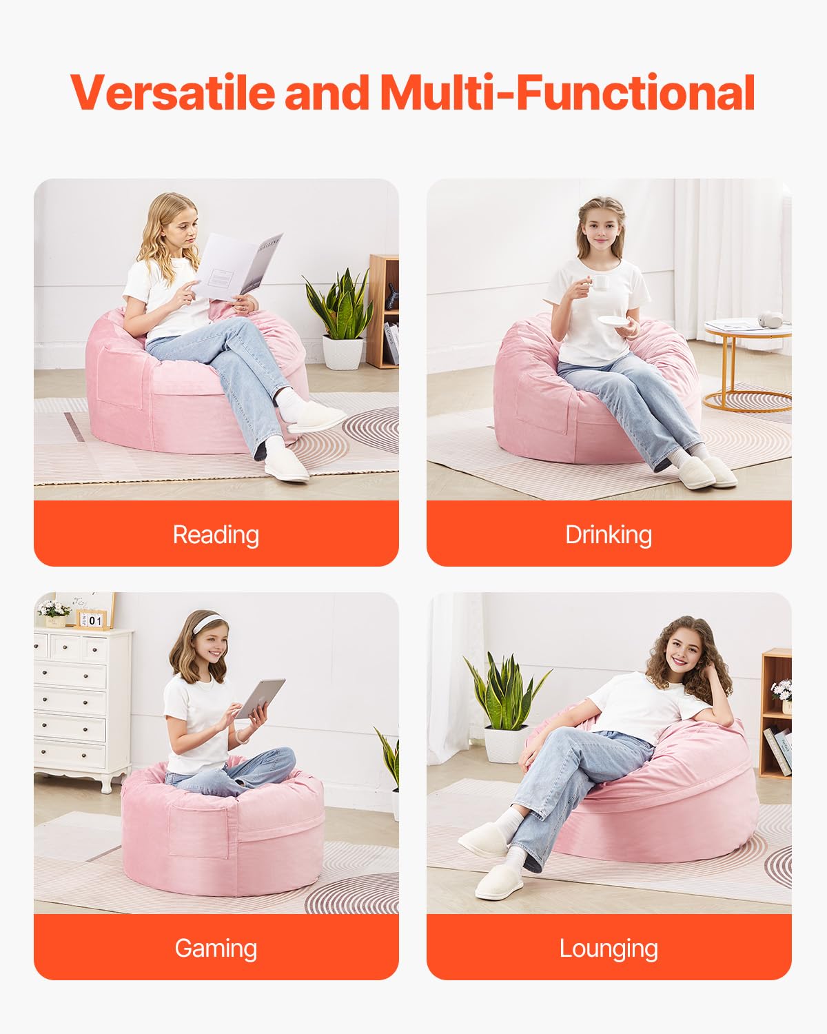 VEVOR - Puf Redondo de 3 pies con Funda extraíble y Lavable, Relleno de Espuma viscoelástica 25D con Terciopelo holandés Suave y Suave, puf para recámara o Sala de Juegos, Color Rosa