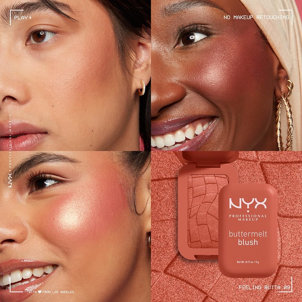 NYX Professional Makeup Buttermelt Blush, rubor en polvo de alta pigmentación, fórmula vegana, manteca de mango, almendra y karité, acabado suave hasta por 12H, 5g – Tono Feeling Butta (Rosa oscuro)