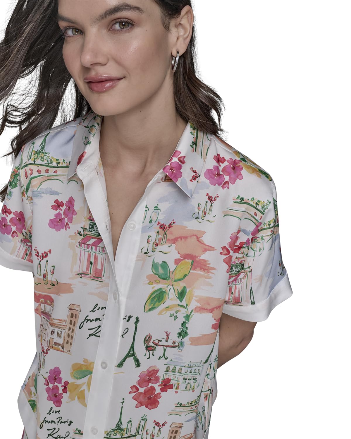 Karl Lagerfeld - Camisa de Campamento con Botones para Mujer, Blanco Suave/Coral Fusion Multi