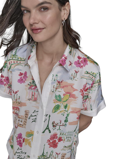 Karl Lagerfeld - Camisa de Campamento con Botones para Mujer, Blanco Suave/Coral Fusion Multi