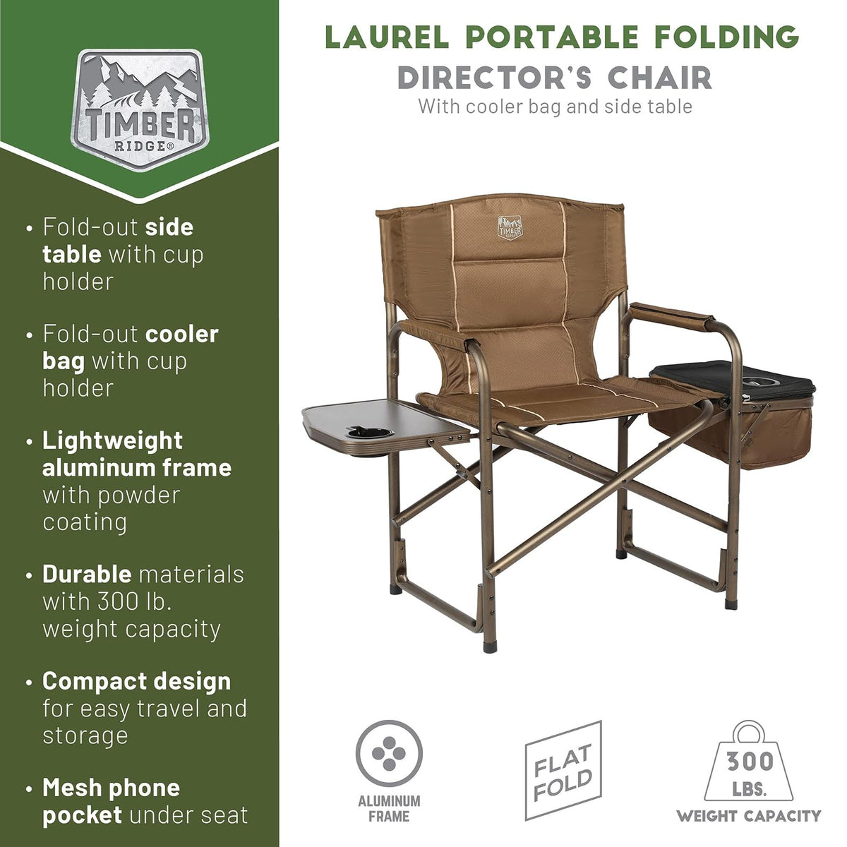 Timber Ridge - Silla Plegable de Camping con Bolsa refrigeradora, Silla de Director Plegable con Mesa Auxiliar para Adultos, sillas de Campamento para Exteriores, césped, Deportes, Pesca, soporta 300