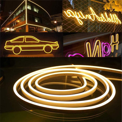 DOSYU Tira Neón Flex LED, 12V 16.4ft/5m Impermeable Flexible Cortable DIY 2835 Luces Led IP65 Decorativa para TV, Cuarto,Halloween, Fiesta de Navidad, con Adaptador(Blanco cálido)