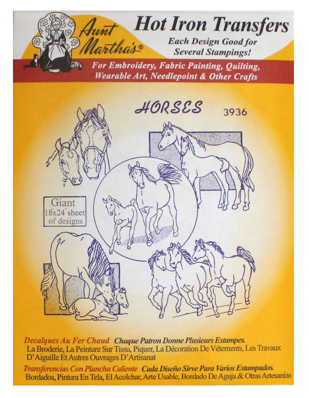 Aunt Martha's Patrones de transferencia de planchado para costura, bordado o pintura de tela, bonitos patrones de animales vintage para paños de cocina o acolchado, juego de 5
