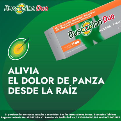 Buscapina Duo alivia dolor de panza. Hioscina 10 mg / Paracetamol 500 mg, 20 tabletas