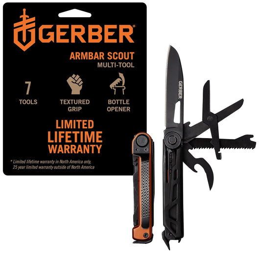Gerber Gear Armbar Scout Multiherramienta 7 en 1 | Burnt Orange, hoja de borde liso de 2.5 pulgadas, martillo, tijera, sierra, acero inoxidable, clip de bolsillo