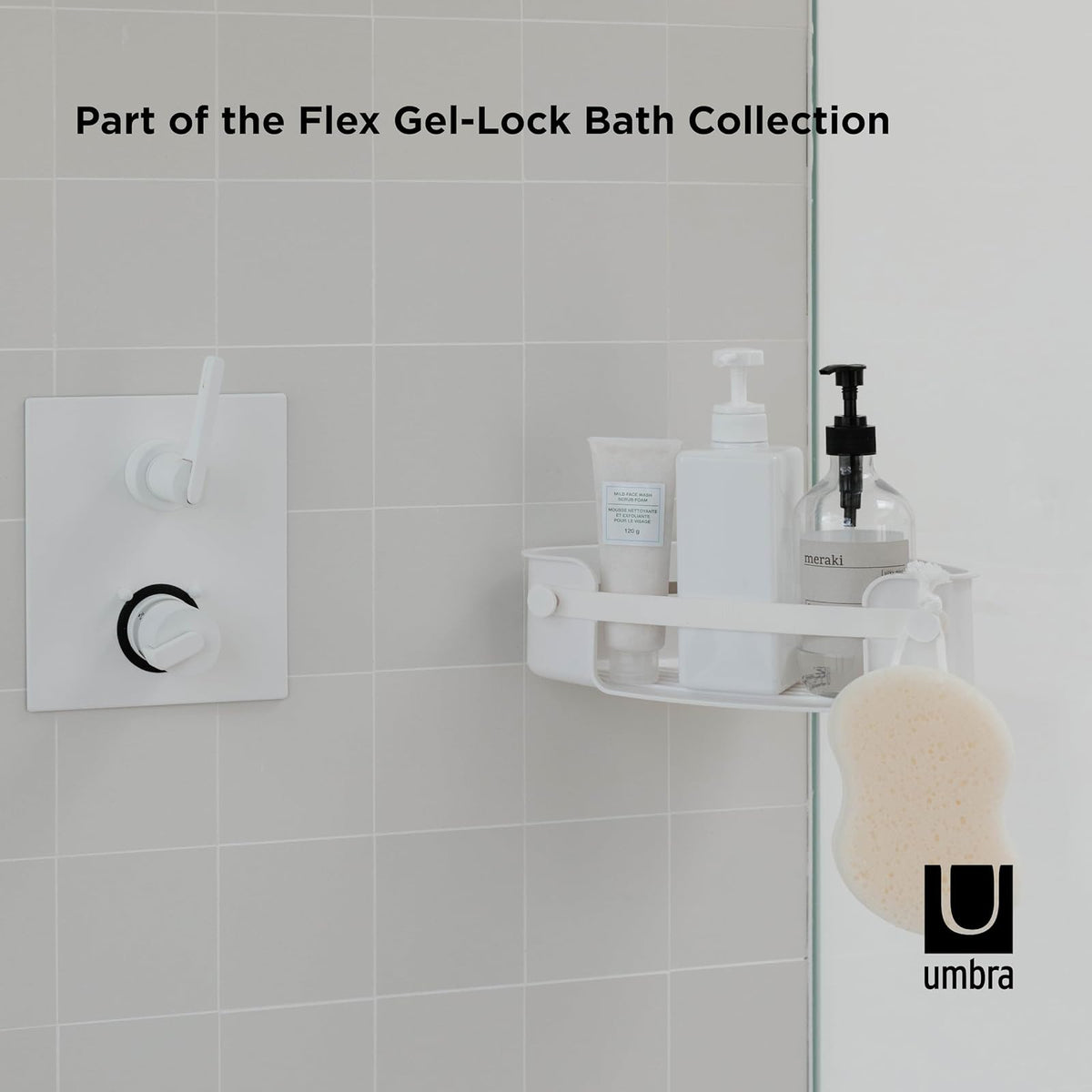 Umbra | Organizador de Ducha Esquinero Premium con Ventosas Gel-Lock, Sistema Patentado Antideslizante