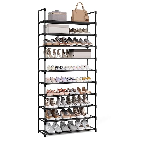 SONGMICS - Estante para Zapatos de 10 Niveles, Organizador de Almacenamiento de Zapatos, 11 x 32.7 x 68 Pulgadas, Marco de Metal, estantes de Tela no Tejida, para Entrada, recámara, Color Negro