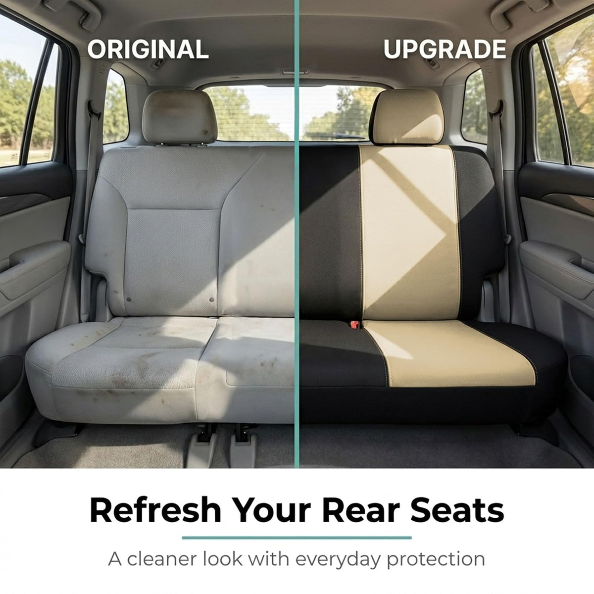 FH Group Funda Universal para Asiento de Automóvil de Banco sólido para reposacabezas Desmontables, Ajuste Universal para Automóviles, Camiones y SUV (Beige/Negro)