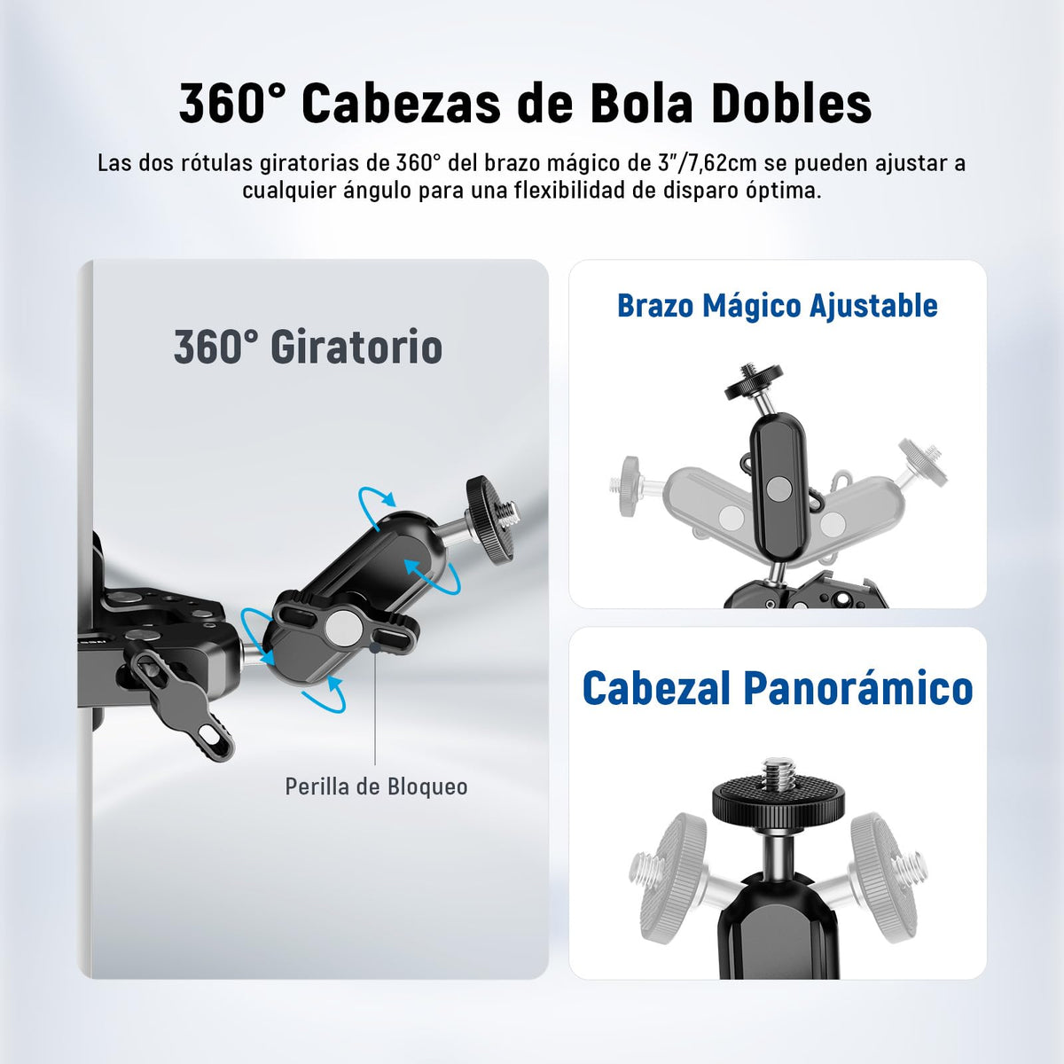 NEEWER Super Clamp con 3" Brazo Mágico Doble Cabeza Esférica, Phone Clamp Cámara con Roscas 1/4" 3/8", Soporte Teléfono, Adaptador Cámara Acción Compatible con GoPro dji iPhone 16 15 Pro MAX, ST88