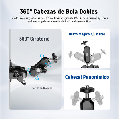 NEEWER Super Clamp con 3" Brazo Mágico Doble Cabeza Esférica, Phone Clamp Cámara con Roscas 1/4" 3/8", Soporte Teléfono, Adaptador Cámara Acción Compatible con GoPro dji iPhone 16 15 Pro MAX, ST88