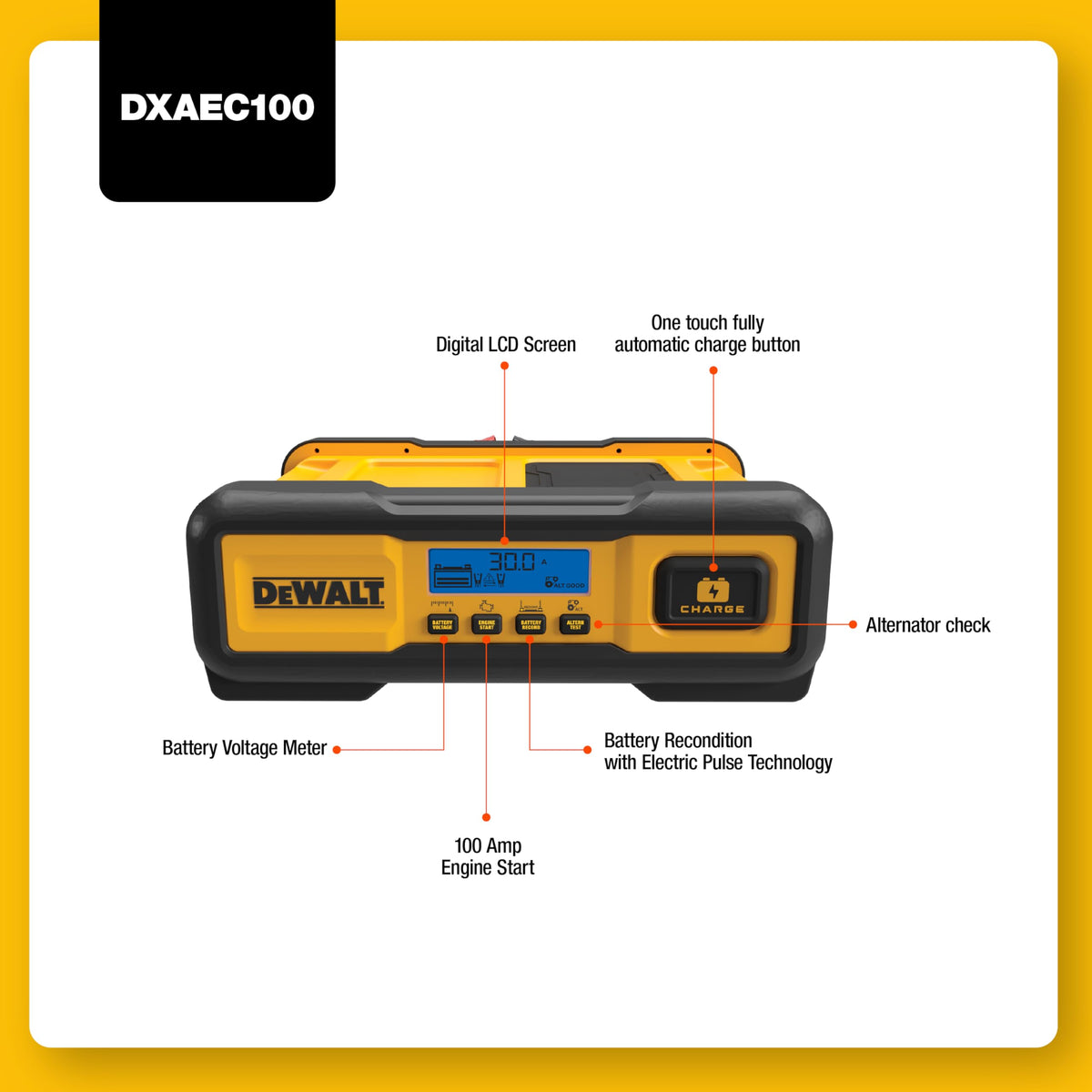 DEWALT DXAEC100 Cargador de batería Profesional de 30 amperios y mantenedor de 3 amperios con Arranque del Motor de 100 amperios